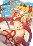  1girl bikini blonde_hair blue_eyes bracelet breasts flower granblue_fantasy hair_flower hair_ornament jewelry long_hair looking_at_viewer medium_breasts o-ring_bikini red_bikini solo sunglasses sunglasses_on_head swimsuit tilt-shift twintails v weapon zeta_(granblue_fantasy) 