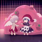  2girls ^_^ ainy77 blue_hair closed_eyes doremy_sweet dream_soul dress food fruit hat kishin_sagume multiple_girls nightcap no_shoes pom_pom_(clothes) short_hair silver_hair strawberry touhou wings 