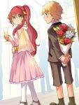  1boy 1girl blonde_hair blue_eyes bouquet cup drinking_glass flower green_eyes jaune_arc pyrrha_nikos red_rose redhead rose rwby white_rose wine_glass younger 