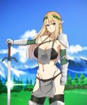  1girl bikini_armor blonde_hair blue_eyes breasts clouds collarbone earrings elf forest hand_on_hilt jewelry large_breasts long_hair mountain nature navel necklace original panties pointy_ears skindentation sky smile solo spaulders sword taka_(vert_320) thigh-highs underwear weapon wreath zr 