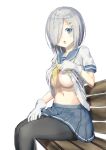  1girl black_legwear blue_eyes blush breasts cleavage commentary_request daijoubu?_oppai_momu? eyes_visible_through_hair gloves hair_ornament hair_over_one_eye hairclip hamakaze_(kantai_collection) highres kantai_collection koromo_take large_breasts looking_at_viewer neckerchief no_bra open_mouth panties panties_under_pantyhose pantyhose pleated_skirt school_uniform serafuku short_hair short_sleeves silver_hair simple_background sitting skirt solo under_boob underwear white_background white_gloves 