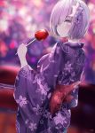 1girl alternate_costume artist_name blurry blurry_background blush candy_apple closed_mouth dutch_angle fate/grand_order fate_(series) floral_print flower food from_behind hair_flower hair_ornament hair_over_one_eye japanese_clothes kimono long_sleeves looking_at_viewer looking_back obi outdoors pink_hair purple_kimono sash shielder_(fate/grand_order) short_hair solo tr_(kangtw123) violet_eyes wide_sleeves 
