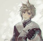  1boy blonde_hair blue_eyes coat final_fantasy final_fantasy_xv gloves isakawa_megumi looking_at_viewer male_focus prompto_argentum signature smile snowing solo spiky_hair sweater winter_clothes 