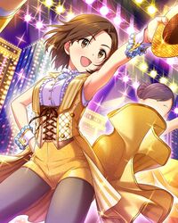  arm_up armpits artist_request bow brown_eyes brown_hair card_(medium) corset dancing faceless frills hand_on_hip hat hat_removed headwear_removed idol idolmaster idolmaster_cinderella_girls mizuki_seira official_art open_mouth pantyhose ribbon short_hair shorts smile solo_focus wrist_cuffs 