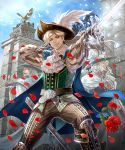  3boys ;) athos belt black_gloves blue_cape blue_sky cape cravat d&#039;artagnan flower gate gloves hat hat_feather highres hinata_gureko long_hair male_focus multiple_boys musketeer one_eye_closed outdoors porthos rose sheath shingoku_no_valhalla_gate sky smile standing statue white_feathers white_gloves 