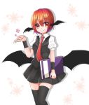  1girl abe_suke alternate_hair_length alternate_hairstyle bat_wings black_legwear book collared_shirt commentary_request cowboy_shot head_wings highres holding holding_book koakuma looking_at_viewer low_wings necktie petals puffy_short_sleeves puffy_sleeves red_eyes red_necktie redhead shadow shirt short_hair short_sleeves simple_background skindentation skirt skirt_set smile solo thigh-highs touhou vest white_background white_shirt wings wrist_cuffs zettai_ryouiki 