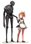  1girl abe_nana apron artist_request blush brown_hair closed_eyes commentary_request full_body hand_holding idolmaster idolmaster_cinderella_girls k-2so long_hair maid maid_apron ponytail robot rogue_one:_a_star_wars_story science_fiction smile star_wars 