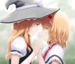  2girls alice_margatroid blonde_hair bow capelet hairband hand_holding hat hat_bow interlocked_fingers kirisame_marisa long_hair looking_at_viewer multiple_girls profile puffy_short_sleeves puffy_sleeves sebastian_(artist) short_hair short_sleeves smile touhou upper_body white_bow witch_hat yellow_eyes yuri 