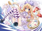  1girl alice_(wonderland) alice_in_wonderland blonde_hair blue_eyes bow bowtie card clock dress eyebrows_visible_through_hair floating_hair frilled_dress frills grey_bow hair_bow karory long_hair looking_at_viewer mushroom open_mouth solo striped striped_legwear thigh-highs very_long_hair 