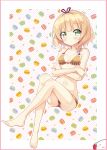  1girl absurdres bangs bare_legs barefoot blonde_hair blunt_bangs blush bow bow_bra bra breasts cleavage closed_mouth collarbone commentary_request crossed_arms embarrassed eyebrows_visible_through_hair food fork full_body gochuumon_wa_usagi_desu_ka? green_eyes hairband heart highres kirima_sharo legs_crossed looking_at_viewer macaron nanakusa_(user_rnpt7322) navel outline panties pink_border polka_dot polka_dot_background short_hair sidelocks small_breasts solo star stomach underwear underwear_only white_outline 