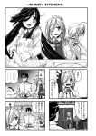  0_0 1boy 3girls 4koma :d absurdres admiral_(kantai_collection) apron asashimo_(kantai_collection) bow bowtie comic cup cutting cutting_board door food fork greyscale hair_over_one_eye hair_ribbon hayashimo_(kantai_collection) highres kantai_collection kitchen_knife kiyoshimo_(kantai_collection) knife long_hair military military_uniform monochrome multiple_girls naval_uniform onigiri onion open_mouth plate ponytail potato ribbon school_uniform shaded_face short_hair smile sweatdrop teacup tongue tongue_out translation_request uniform urakami_sosogi 