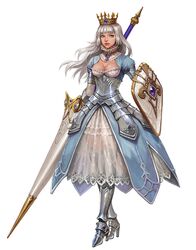  1girl armband armor armored_boots blue_eyes boots breasts cleavage copyright_request crown highres lance lips looking_to_the_side mamara polearm see-through shield silver_hair simple_background solo weapon 