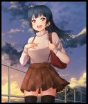  1girl :d arios_(orochi_yuta) bag bangs black_border black_legwear blue_hair blush border breasts clouds dusk hair_bun hand_on_own_chest handbag holding_strap long_hair looking_at_viewer love_live! love_live!_sunshine!! open_mouth side_bun skirt smile solo suspender_skirt suspenders sweater thigh-highs tsushima_yoshiko twilight violet_eyes zettai_ryouiki 