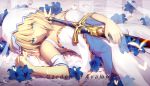  1girl artist_name bare_shoulders blonde_hair breasts caliburn dress excalibur fate/stay_night fate_(series) flower green_eyes light_smile lying magicians_(zhkahogigzkh) on_back saber short_hair solo sword water weapon 