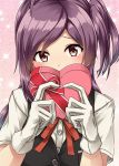  1girl blush chocolate chocolate_heart covering_mouth gloves hagikaze_(kantai_collection) heart highres kamelie kantai_collection purple_hair side_ponytail solo tagme uniform valentine white_gloves 