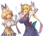  2girls blonde_hair blush breasts cat_girl commentary_request dragon_girl dragon_tail dress elbow_gloves fang gloves highres horns kemono_friends kobayashi-san_chi_no_maidragon large_breasts long_hair looking_at_viewer maid melon22 multiple_girls season_connection serval_(kemono_friends) short_hair tail tooru_(maidragon) translation_request twintails yellow_eyes 