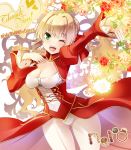  1girl :d ahoge blonde_hair breasts character_name cleavage dress epaulettes fate/extra fate_(series) flower followers gluteal_fold green_eyes hand_on_own_chest leotard maki_(seventh_heaven_maxion) one_eye_closed open_mouth outstretched_hand red_dress rose saber_extra see-through smile solo thank_you winking 