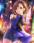  1girl artist_request bracelet brown_eyes brown_hair card_(medium) city cityscape earrings idolmaster idolmaster_cinderella_girls jewelry looking_at_viewer mizuki_seira night night_sky official_art shoes short_hair shorts sky smile solo sweater wind wind_lift 