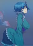  1girl ass blue_eyes blue_hair breasts bubble drill_hair green_kimono highres japanese_clothes kakone kimono large_breasts mermaid monster_girl obi sash sleeves_past_wrists solo touhou underwater wakasagihime 