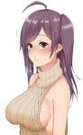  1girl :/ ahoge bangs bare_shoulders beige_sweater blush breasts closed_mouth eyebrows_visible_through_hair flying_sweatdrops hagikaze_(kantai_collection) kamenoyou kantai_collection long_hair looking_at_viewer medium_breasts meme_attire no_bra nose_blush pink_lips purple_hair ribbed_sweater shiny shiny_hair shiny_skin side_ponytail sideboob simple_background sleeveless sleeveless_turtleneck solo straight_hair sweater swept_bangs turtleneck violet_eyes virgin_killer_sweater white_background 