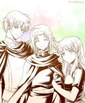  1girl 2boys cape eirika ephraim fire_emblem fire_emblem:_seima_no_kouseki greyscale komugikomix looking_at_viewer lyon_(fire_emblem) monochrome multiple_boys simple_background smile 