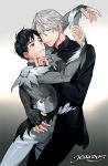  2boys artist_name black_hair blue_eyes brown_eyes gearous hand_on_another&#039;s_face hug jewelry katsuki_yuuri male_focus multiple_boys parted_lips ring silver_hair viktor_nikiforov yaoi yuri!!!_on_ice 