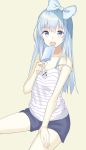  1girl :o aquna bangs beige_background blue_bow blue_eyes blue_hair bow breasts camisole collarbone eyebrows_visible_through_hair food hair_bow hand_on_own_thigh legs_apart long_hair looking_at_viewer open_mouth original popsicle simple_background sitting small_breasts solo strap_slip teeth 