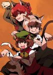  3girls :3 black_bow bow cat_tail chen fang gagamatsu goutokuji_mike green_headwear hair_bow hair_over_one_eye hair_ribbon hat kaenbyou_rin mob_cap multiple_girls multiple_tails nekomata one-hour_drawing_challenge orange_background paw_pose profile red_eyes redhead ribbon simple_background tail touhou tress_ribbon two_tails 