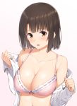  1girl bangs blush bra breasts brown_eyes brown_hair cleavage gradient gradient_background katou_megumi large_breasts looking_at_viewer mikazuchi_zeus navel open_mouth saenai_heroine_no_sodatekata short_hair solo underwear undressing upper_body 