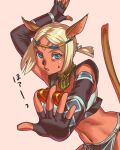 1girl animal_ears arm_up bangs between_fingers black_gloves blonde_hair blue_eyes candy cat_ears cat_girl cat_tail chocolate dark-skinned_female dark_skin final_fantasy final_fantasy_xi fingerless_gloves food gloves heart heart-shaped_chocolate highres mithra_(ff11) navel no_eyebrows parted_bangs short_hair solo tail tail_raised yuccoshi 