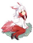  1girl ass black_shoes brown_eyes crested_ibis_(kemono_friends) head_wings kedama_milk kemono_friends long_hair long_sleeves looking_at_viewer multicolored_hair pantyhose pleated_skirt red_legwear redhead shoes simple_background skirt solo tail two-tone_hair white_background white_hair 
