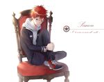  1boy bandaid bandaid_on_face chair ekira_nieto highres hood hoodie katekyo_hitman_reborn kozato_enma male_focus red_eyes redhead school_uniform white_background 