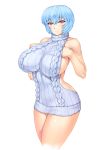 1girl ayanami_rei backless_outfit bare_shoulders blue_hair breasts dress highres huge_breasts looking_at_viewer meme_attire mogudan naked_sweater neon_genesis_evangelion no_bra no_underwear open-back_dress red_eyes shiny shiny_skin short_hair sideboob standing sweater sweater_dress turtleneck turtleneck_sweater virgin_killer_sweater