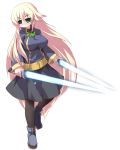  1girl bangs black_legwear blonde_hair green_eyes jacket long_hair long_sleeves macrolin pantyhose skirt solo sora_(suguri) suguri sword very_long_hair weapon 