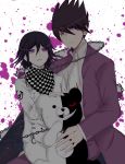  2boys absurdres bear blood blood_splatter collared_shirt dangan_ronpa facial_hair formal goatee highres looking_at_viewer male_focus mitsuki_(ayanop1111) momota_kaito monokuma multiple_boys new_dangan_ronpa_v3 ouma_kokichi purple purple_hair school_uniform shirt short_hair shota simple_background smile spiky_hair violet_eyes 