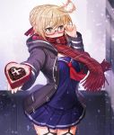  1girl adjusting_glasses afterimage ahoge ahoge_wag bangs black-framed_eyewear blonde_hair blue_skirt blush braid breasts chocolate chocolate_heart covered_mouth cowboy_shot eyebrows_visible_through_hair eyelashes fate/grand_order fate_(series) flustered garter_straps glasses goomrrat hair_ribbon heart heart-shaped_box heroine_x heroine_x_(alter) hood hood_down hooded_jacket incoming_gift jacket long_hair long_sleeves looking_away miniskirt motion_blur neckerchief outstretched_arm plaid plaid_scarf pleated_skirt red_neckerchief red_ribbon red_scarf ribbon saber scarf scarf_over_mouth school_uniform semi-rimless_glasses skirt solo triangle under-rim_glasses valentine wind yellow_eyes 