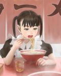  1girl black_eyes black_hair bowl chopsticks cup eating food maid mujiha noodles open_mouth original ramen short_sleeves short_twintails solo steam teeth tongue twintails twintails_day 