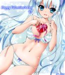  1girl blue_eyes blue_hair bra breasts dr_rex hatsune_miku long_hair looking_at_viewer navel open_mouth panties side-tie_panties small_breasts smile solo striped striped_bra striped_panties twintails underwear valentine very_long_hair vocaloid yuki_miku 