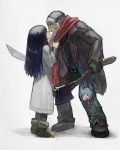  1boy 1girl bangs black_hair crossover friday_the_13th from_side hetero highres hockey_mask jason_voorhees leaning_forward long_hair looking_at_another mask outsuki profile red_scarf scarf standing the_ring valentine weapon yamamura_sadako 