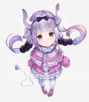  1girl :o blue_eyes dragon_girl dragon_horns eyebrows_visible_through_hair grey_background hairband horns kanna_kamui kinoki kobayashi-san_chi_no_maidragon lavender_hair long_hair simple_background solo tail thigh-highs twintails white_legwear 