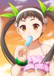  1girl bakemonogatari bikini black_hair bracelet eating food frilled_bikini frills hachikuji_mayoi hairband jewelry long_hair monogatari_(series) murata_isshin orange_eyes orange_sky popsicle sky solo swimsuit twilight upper_body 