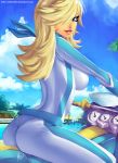  1girl 2014 absurdres arched_back ass back blonde_hair blue_eyes blue_sky bodysuit breasts carlos_javier clouds cloudy_sky dated driving earrings from_side gloves ground_vehicle hair_over_one_eye highres jewelry lips long_hair looking_at_viewer super_mario_bros. mario_kart motor_vehicle motorcycle outdoors palm_tree parted_lips racing_suit rosetta_(mario) signature skin_tight sky smile solo star super_mario_galaxy tree water watermark web_address 