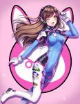  1girl ;d animal_print artist_name bangs blue_bodysuit bodysuit breasts brown_eyes brown_hair bunny_print charm_(object) clothes_writing d.va_(overwatch) facepaint facial_mark gloves gradient gradient_background headphones high_collar index_finger_raised long_hair looking_at_viewer looking_to_the_side medium_breasts one_eye_closed open_mouth overwatch pilot_suit pink_background ribbed_bodysuit sasucchi95 shoulder_pads signature skin_tight smile solo swept_bangs whisker_markings white_gloves 