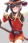  1girl belt black_hair blush capelet fingerless_gloves gloves hat highres kono_subarashii_sekai_ni_shukufuku_wo! looking_at_viewer mangadaisuki15 megumin pout red_eyes solo staff witch_hat 