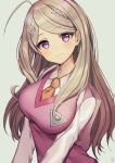  1girl ahoge akamatsu_kaede bangs beamed_quavers blush breasts brown_hair commentary_request dangan_ronpa gambe_(seelunto) highres long_hair looking_at_viewer musical_note musical_note_hair_ornament necktie new_dangan_ronpa_v3 parted_bangs quaver school_uniform semiquaver simple_background smile solo sweater_vest violet_eyes 
