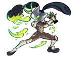  1boy armor black_hair bodysuit commentary cosplay costume domino_mask funkgamut genji_(overwatch) genji_(overwatch)_(cosplay) helmet holding holding_weapon inkling long_hair mask overwatch paint paintbrush pointy_ears ponytail power_armor simple_background splatoon tentacle_hair weapon white_background 