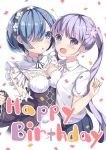  2girls akae_neo bangs blue_eyes blue_hair blue_skirt blush breast_press breasts cleavage collared_shirt crossover detached_sleeves dress flower hair_flower hair_ornament hair_over_one_eye happy_birthday headdress highres long_hair looking_at_viewer maid medium_breasts multiple_girls new_game! purple_hair re:zero_kara_hajimeru_isekai_seikatsu rem_(re:zero) shirt short_hair short_sleeves simple_background skirt standing suzukaze_aoba tied_hair twintails upper_body violet_eyes white_background white_shirt x_hair_ornament 