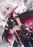  1girl assassin_of_black bandage bandaged_arm bare_shoulders black_gloves cape dagger dutch_angle fate/apocrypha fate_(series) fingerless_gloves gloves green_eyes highres hyuuga_azuri looking_at_viewer outdoors scar short_hair silver_hair single_glove solo tattoo vest weapon 
