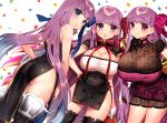  3girls ass bb_(fate/extra_ccc) black_legwear blue_eyes blush breasts china_dress chinese_clothes cleavage dress fan fate/extra fate/extra_ccc fate_(series) folding_fan gloves hair_ribbon hand_on_hip huge_breasts lace lace-trimmed_thighhighs large_breasts leaning_forward long_hair looking_back meltlilith multiple_girls neck_ribbon open_mouth passion_lip pink_eyes pink_ribbon purple_hair purple_ribbon red_ribbon ribbon sakura_yuki_(clochette) smile thigh-highs very_long_hair violet_eyes white_gloves 
