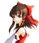  1girl bare_shoulders bow brown_eyes brown_hair closed_mouth detached_sleeves from_side hair_bow hair_tubes hakurei_reimu high_ponytail kuro_(oden_no_sono) ponytail red_bow sidelocks solo touhou upper_body white_background 